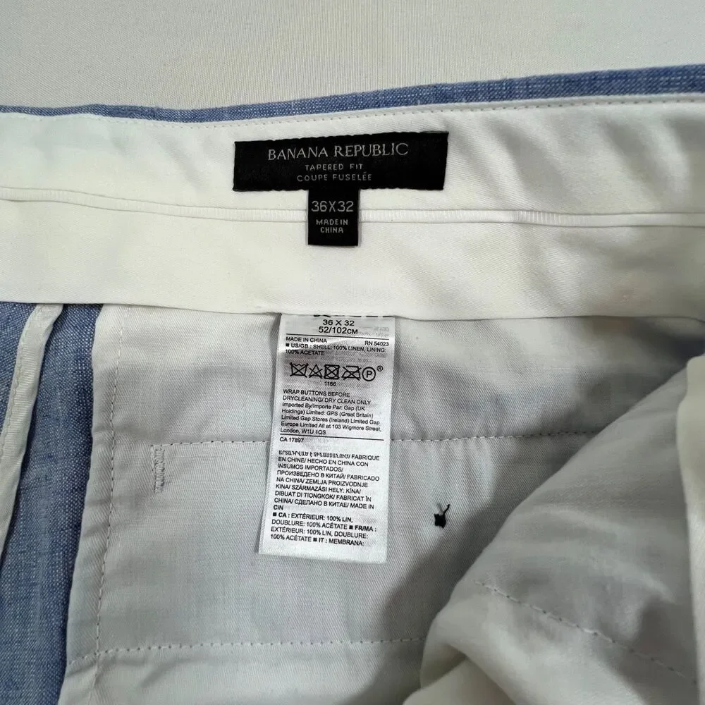 Banana Republic Mens Slim Textured 100% Linen Pants Bright Blue Chambray 36x32**